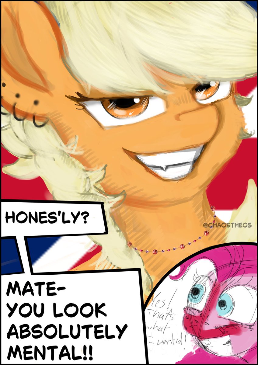 Chaostheos's tweet photo. AJ redesign 
#mlpfim #britishparody #parody #crossed https://t.co/zZuRiniuL7