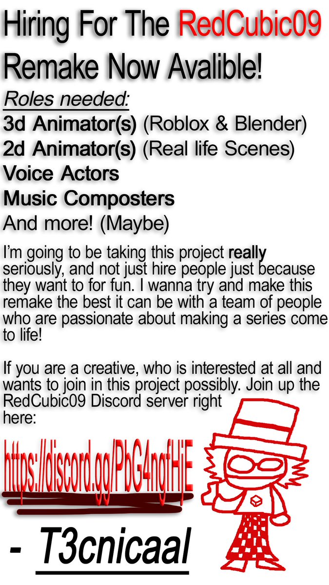 R3DCUBIC09's tweet photo. New promotion poster for hiring roles for the series remake! If you can, try and repost this to get it out to more people!!! I'm trying to make this remake the best that it can be lol #roblox #robloxarg #arg #webseries https://t.co/Rw566pLyu4
