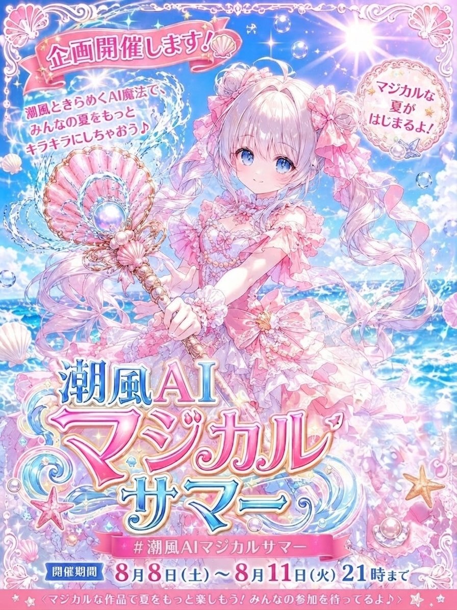 IiqMupiMqEhgsFV's tweet photo. 『#潮風AIマジカルサマー』開催します！
​潮風に宿る小さな魔法が、夏の少女たちをそっと変身させる——。
海辺の精霊や魔法少女をテーマにした作品を大募集！
イラストも動画も、あなたの思い描く「夏の魔法」をお待ちしています✨
#潮風AIマジカルサマー
をつけて投稿して下さい。
​開催期間
​8月8日(土) 〜 8月11日(火) 21:00まで
​🐚 テーマ
​「海辺の精霊や魔法少女や海の潮風の魔法少女」
海辺に吹き抜ける不思議な「潮風」に導かれて変身する少女たちや、海の精霊（クラゲ・貝殻・波の妖精など）の世界を描いてください。
魔法少女だけでもオッケーです。
​衣装： 魔法使い / 魔女 / 魔法少女
魔法アレンジや、海モチーフの衣装も大歓迎！
​潮風のイメージ： 少女たちに魔法をかける特別な風。風を感じる髪や服のなびき、海の幻想的な情景をぜひ表現してみてください。
​📝 参加ルール
​参加方法
​タグ制限： ハッシュタグは【2つまで】
​投稿回数： 【無制限】（期間中何回でもOK！）
​表現方法： 二次創作OK / リアル系OK / AI動画OK
​注意事項： センシティブ（NSFW）はNGです。全年齢向けでお願いします。
​皆様のすてきな作品にお目にかかれるのを楽しみにしています！
たくさんのご参加をお待ちしております魔法少女✨