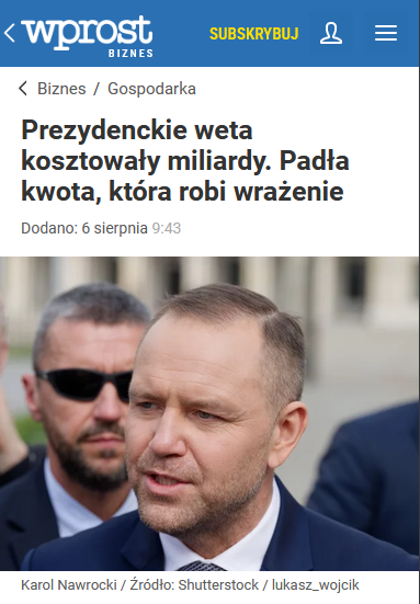 juraczarnecki's tweet photo. Rok prezydentury Nawrockiego: 41 wet. Cena? Do 7,3 mld zł, których nie ma w budżecie. Zablokował np podatek od nadzwyczajnych zysków koncernów paliwowych (3,8 mld) i opłatę cukrową dla NFZ. Broni kas największych, a płacimy wszyscy. https://t.co/Nersp2GQmE