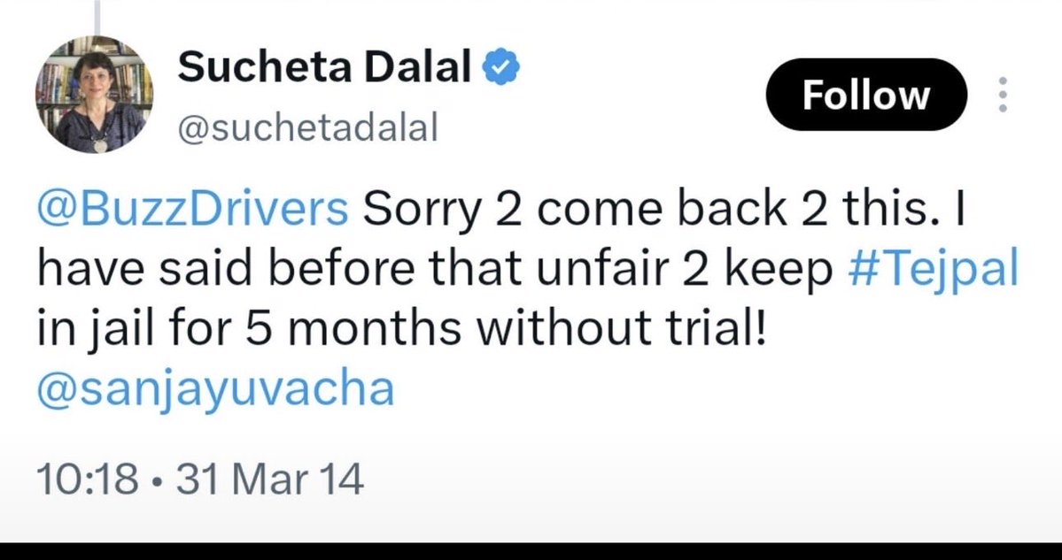 ShefVaidya's tweet photo. Hi @suchetadalal, darling, were you born a filthy hypocrite or did you achieve it in stages? When did you delete your tweet about your r@pist friend Tejpal BTW? https://t.co/SFSOhTxjwa