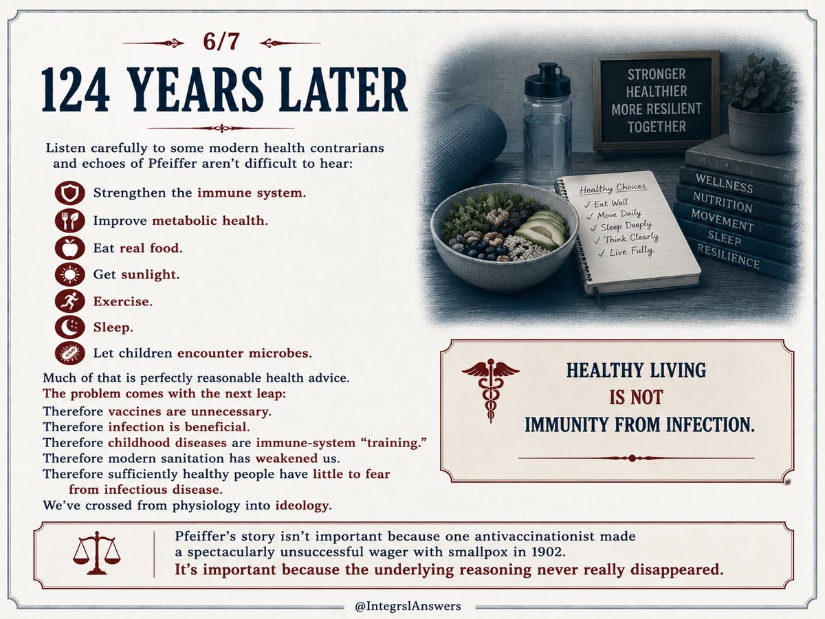 IntegralAnswers's tweet photo. 6/ 124 YEARS LATER

Listen carefully to some modern health contrarians and echoes of Pfeiffer aren’t difficult to hear:

Strengthen the immune system.

Improve metabolic health.

Eat real food.

Get sunlight.

Exercise.

Sleep.

Let children encounter microbes.

Much of that is perfectly reasonable health advice.

The problem comes with the next leap:

Therefore vaccines are unnecessary.

Therefore infection is beneficial.

Therefore childhood diseases are immune-system “training.”

Therefore modern sanitation has weakened us.

Therefore sufficiently healthy people have little to fear from infectious disease.

We’ve crossed from physiology into ideology.