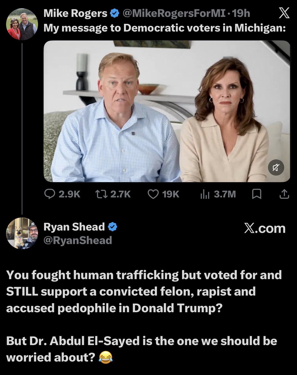 RyanShead's tweet photo. Dr. Abdul El-Sayed isn’t a felon, fraud, rapist or accused pedophile.

But Donald Trump is.

…and @MikeRogersForMI proudly voted for and donated to the man knowing those facts. https://t.co/AKpBHCs2jX