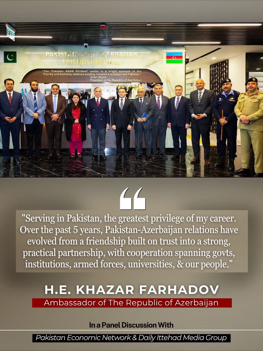 CRCSF01's tweet photo. 🇵🇰🇦🇿A farewell conversation with H.E. Khazar Farhadov, reflecting on 5 years of growing friendship &amp; partnership between #Pakistan-#Azerbaijan

From strategic cooperation to trade, investment &amp; people-to-people ties, a look at key milestones &amp; the road ahead.

#PakistanAzerbaijan https://t.co/FxYmZVSYmu