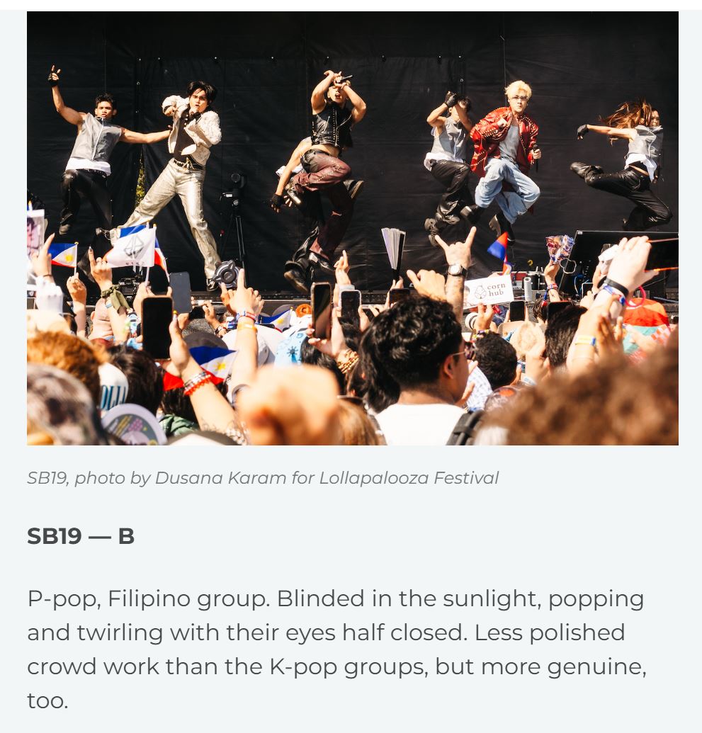 d_lottie's tweet photo. Yep, a B! He gave only 2 As from 2 artists I've never heard of.  This is such a flex! Eto yung review na gusto ko. Unglazed and real.

Thank you, Wren Graves.

Please engage.

#SB19 @SB19Official 

Lollapalooza 2026: Grading the Sets, Emptying the Notebook https://t.co/svQa8jxOGv