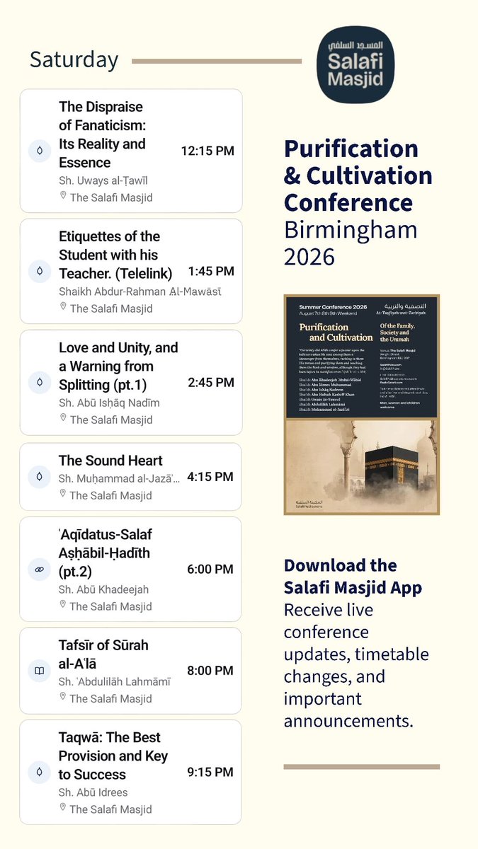 SalafiPubs's tweet photo. Today’s conference schedule includes a link at 1.45pm with Shaikh Abdur-Rahman al-Mawāsī (may Allah preserve him). 

Join us today at @MasjidSalafi in Birmingham, and listen in to some really beneficial lectures. First class begin at 12.15pm before dhuhr.

Share with friends. 

You can also listen in online from anywhere in the world. Just visit:

https://t.co/ZTOi0VQjcu