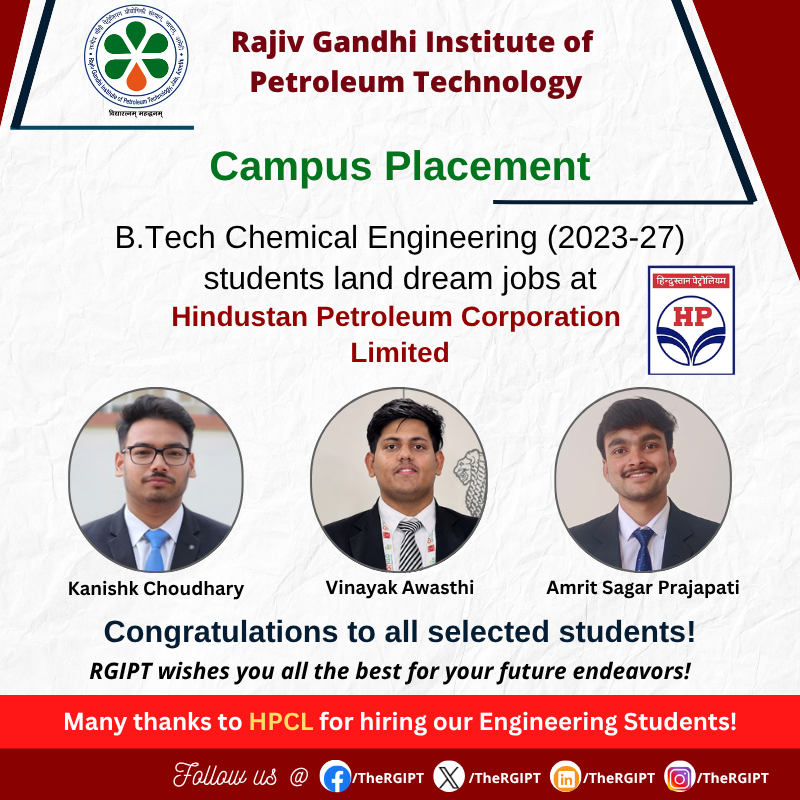 TheRGIPT's tweet photo. Campus Placement | HPCL
https://t.co/20oFcVdawC Ch E(2023–27) students of RGIPT have been selected by HPCL.
#RGIPT #CampusPlacement #HPCL #HindustanPetroleum #ChemicalEngineering #StudentAchievement #CareerSuccess #CampusRecruitment #RGIPTians https://t.co/WboTBo1uDA