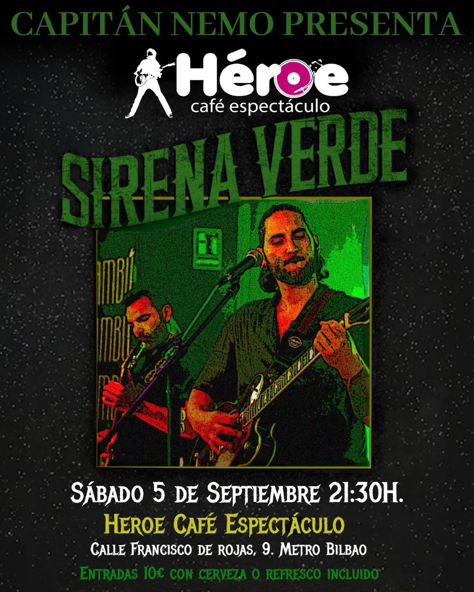 Captainnemo58's tweet photo. Capitan Nemo presenta al fabuloso dúo Sirena Verde en concierto en la sala Héroe Café Espectáculo en Madrid. Disfruta en directo del mejor Pop Rock. Excelentes temas propios y versiones. Sábado 5 de Septiembre. A las 21:30. Os esperamos. https://t.co/e10Yz5lB7i