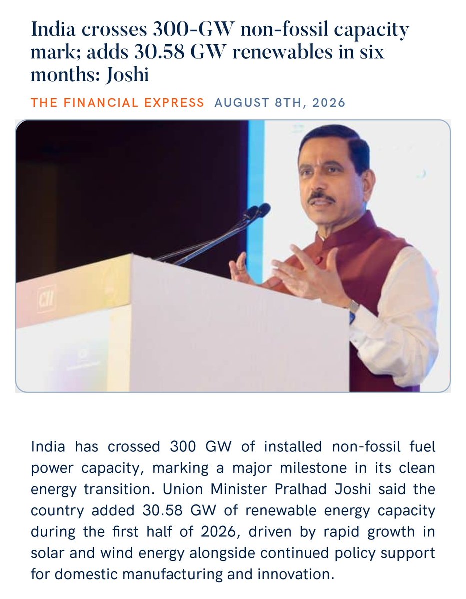 PMOIndia's tweet photo. India crosses 300-GW non-fossil capacity mark; adds 30.58 GW renewables in six months: Shri @JoshiPralhad
https://t.co/uOWfOpr6vL 

via NaMo App https://t.co/0novTIWJqc