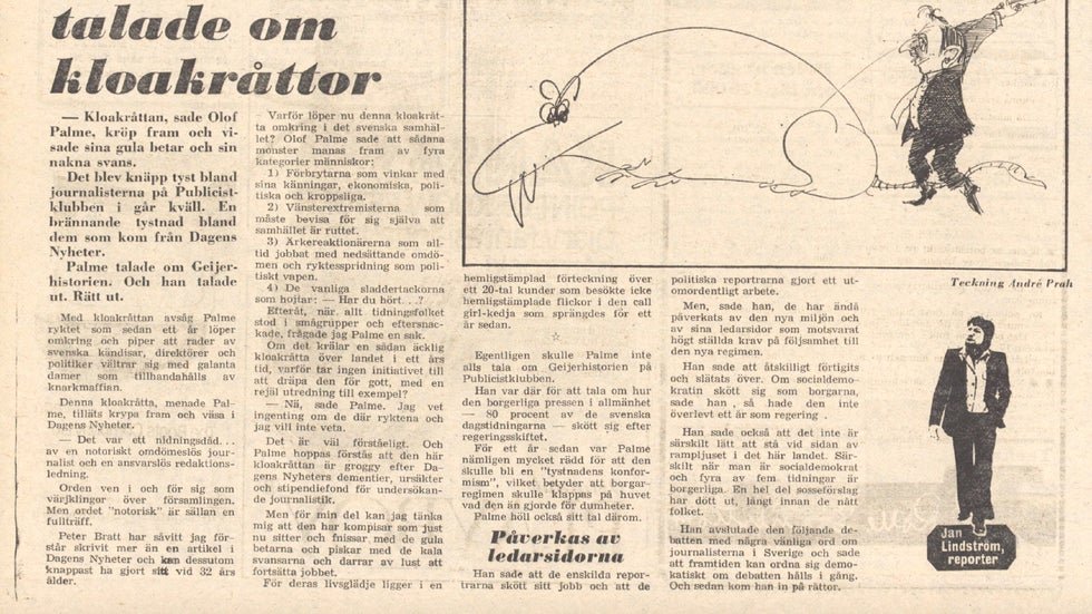 jonsson_henrik's tweet photo. @jimvidar Palme var nog först ut på banan själv, när han 1977 kallade DN-journalisten Peter Bratt för "kloakråtta" efter att denne avslöjat att justitieminister Lennart Geijers samröre med prostituerade som en säkerhetsrisk. https://t.co/dPidi7Vakn