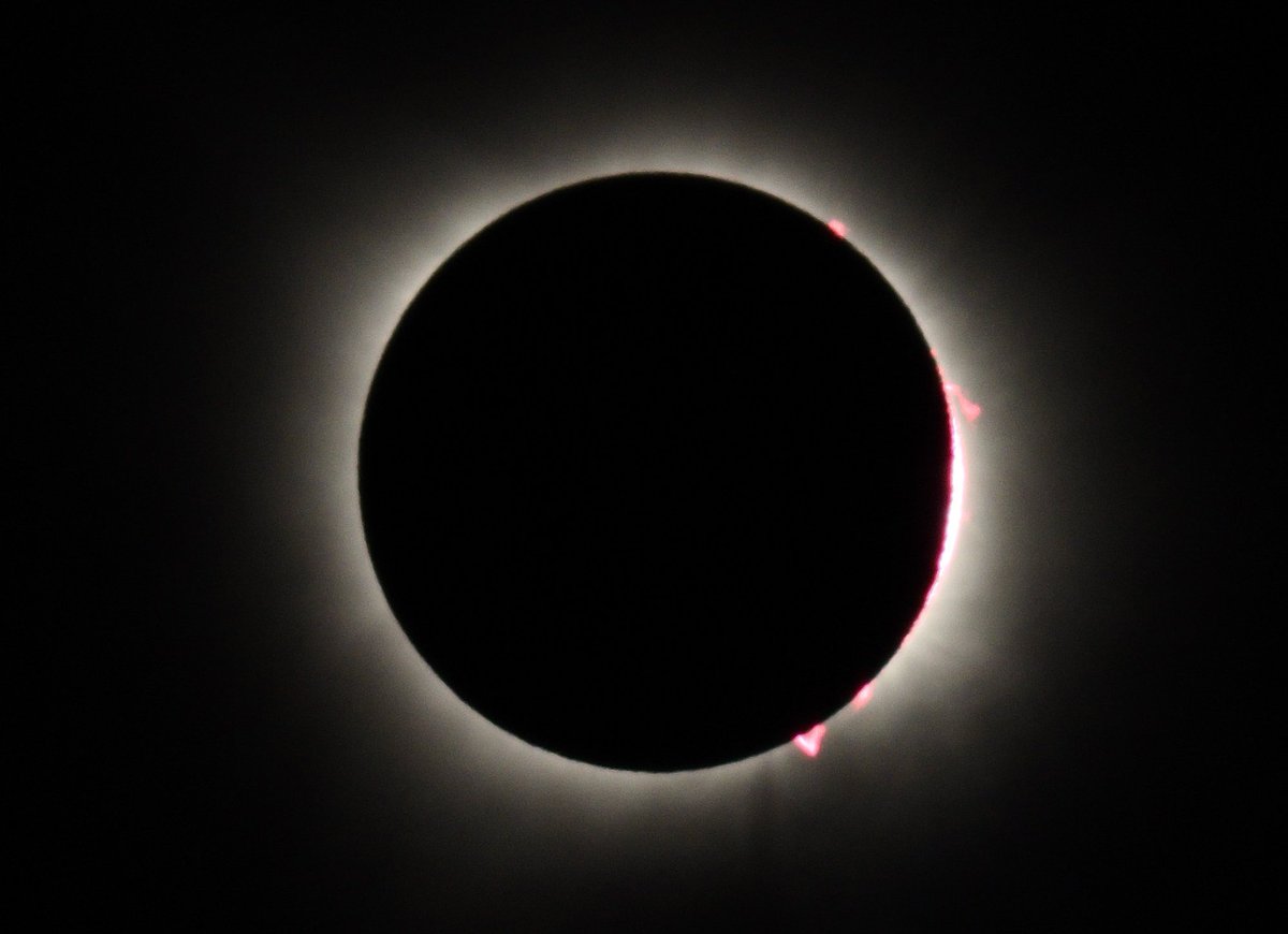 ANTONIO_MORENO's tweet photo. Durante la totalidad, y SOLO la totalidad, podréis ver a simple vista llamativos arcos de color rosa o rojo brillante en el borde del disco lunar. Son las protuberancias solares, gigantescos arcos de gas que flotan sobre la superficie del Sol. 
(Foto que obtuve en Texas 2017.) https://t.co/F1qlsqQB6w