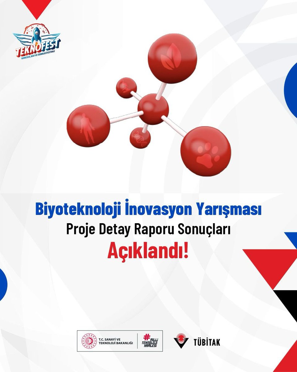 Tubitak's tweet photo. Biyoteknoloji İnovasyon Yarışması Proje Detay Raporu Sonuçları Açıklandı 🧬 

👩‍🔬 Biyoteknolojinin farklı alanlarında farkındalık oluşturmayı ve bu alanda gerçekleştirilecek inovatif fikirleri desteklemeyi amaçlayan yarışmaya bu yıl;

📌 Lise
📌 Üniversite Seviyesi (Fikir)
📌 Üniversite Seviyesi (Proje)

olmak üzere üç farklı kategoriden toplam 6⃣.8⃣0⃣9⃣ takım başvurdu.

🧪 Finalist takımlar projelerini jüriye sunacak. Dereceye giren takımlar 30 Eylül-4 Ekim 2026 tarihleri arasında Şanlıurfa’da düzenlenecek TEKNOFEST 2026 kapsamında ödül törenine davet edilecek.

Hayal güçlerini yenilikçi çözümler üretmek için kullanan genç beyinlerimizi tebrik ediyoruz. 👏

📌 @teknofest 
📌 @bilimletoplum 
📌 @TUBITAK_MAM 

Detaylar: 👇
https://t.co/9nsyApaTMJ