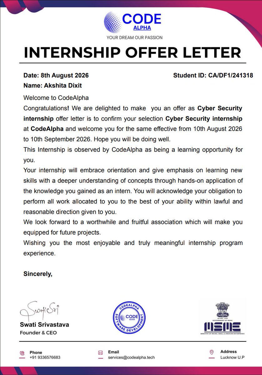 AkshitaDixit_15's tweet photo. Excited to begin my "Cyber Security Internship at CodeAlpha!" 🔐🚀

📅 10 Aug – 10 Sep 2026

Looking forward to learning, building, and gaining hands-on experience.

#CodeAlpha #CyberSecurity #Internship https://t.co/q6TkrtcMZZ
