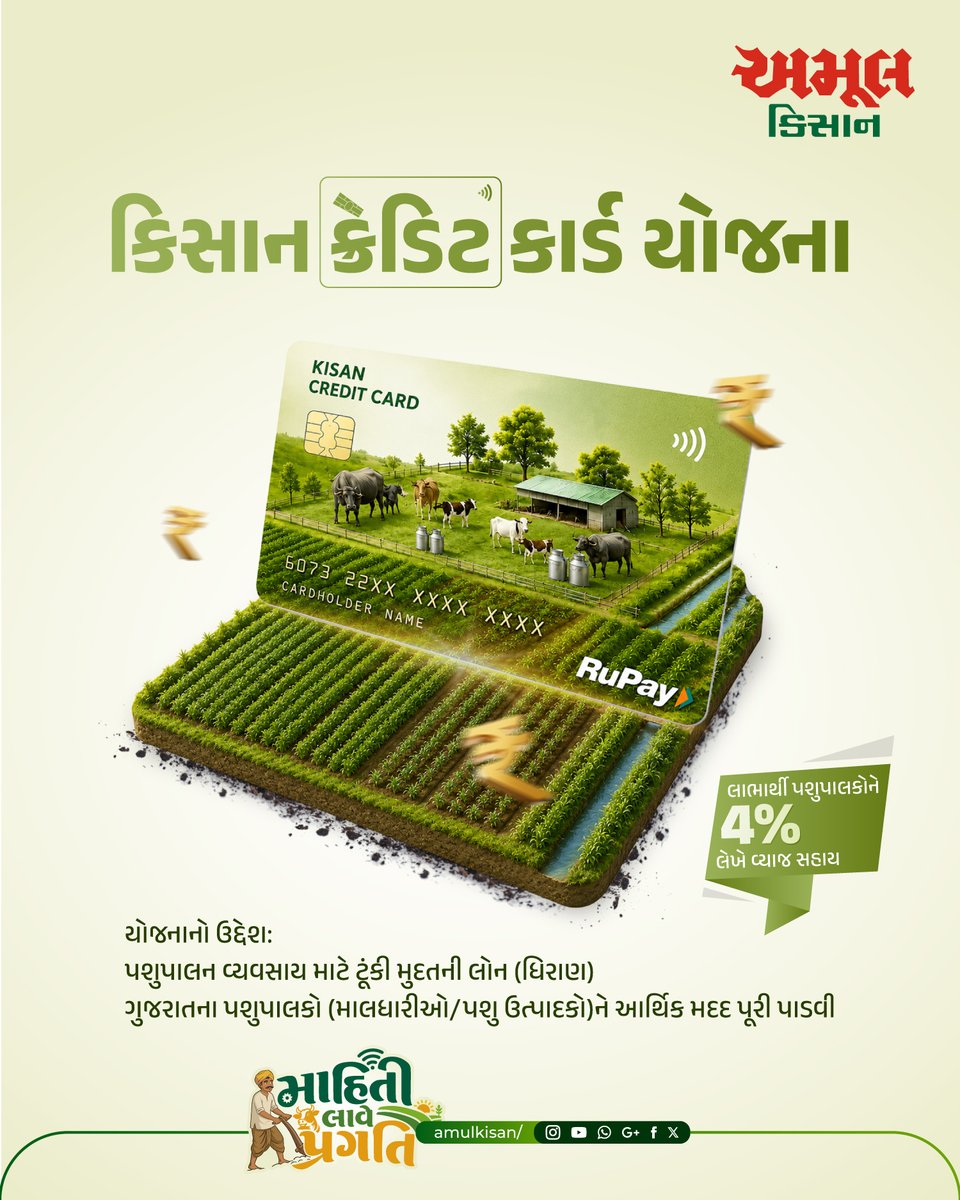 Amul_Kisan's tweet photo. યોગ્ય પશુપાલનથી મેળવો આર્થિક મજબૂતી.
કિસાન ક્રેડિટ કાર્ડ યોજના સાથે વિકાસના નવા અવસર અપનાવો.
#AmulKisan #AnimalHusbandry #DairyFarming #FutureReady https://t.co/x3wFpUTQzh