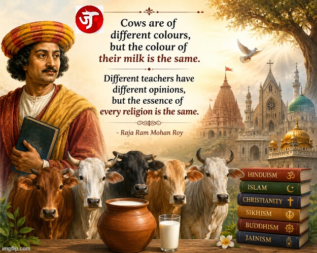 janpathnewsnet's tweet photo. Quote of the Day! Raja Ram Mohan Roy said, "Cows are of different colours, but the colour of their milk is the same. Different teachers have different opinions, but the essence of every religion is the same."
#InspirationalQuotes #JanpathNewsNetwork #JNNNews https://t.co/oQb5YdFLMR