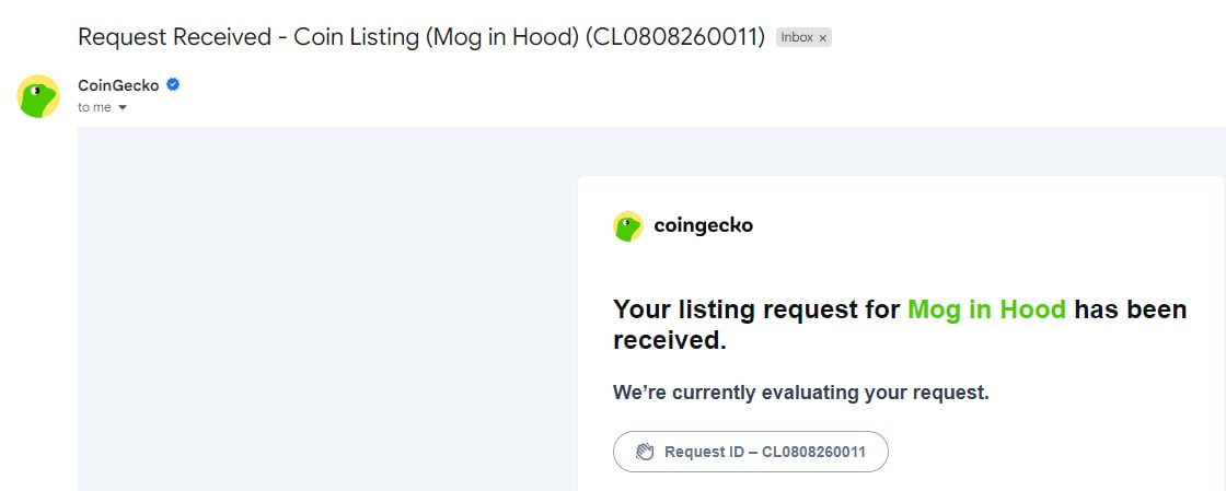 MoginhoodRH's tweet photo. @coingecko  listing request submitted ✅

🎫 Request ID: CL0808260011 https://t.co/MyBHvs7ZXV