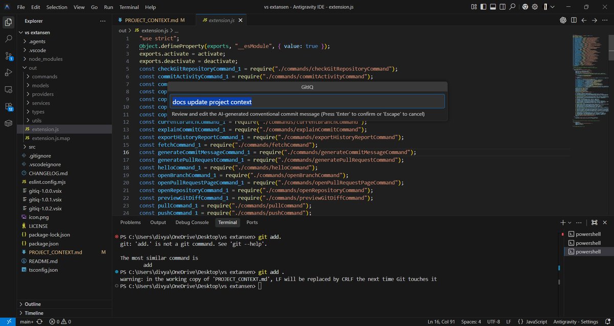 singhDivyansh77's tweet photo. One of the first features I built for GitIQ:

AI-powered commit messages.

Instead of spending time writing commit messages manually, GitIQ analyzes the changes and generates a clean Conventional Commit message

Small feature, but a useful one

#BuildInPublic #GitHub #VSCode #AI https://t.co/vLcyrGZ9Um