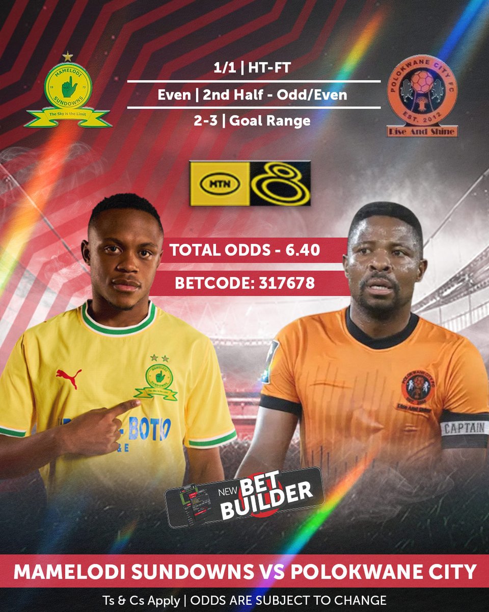 PLAYBET's tweet photo. Mamelodi Sundowns and Polokwane City go head-to-head in a thrilling MTN8 showdown. With a place in the next round on the line, expect fast-paced action, big moments, and plenty of drama.
BETCODE: 317678
BET NOW! https://t.co/bY1sbceYpw
#playthegame #mtn8knockout #wafawafa https://t.co/95YGVwyIoK