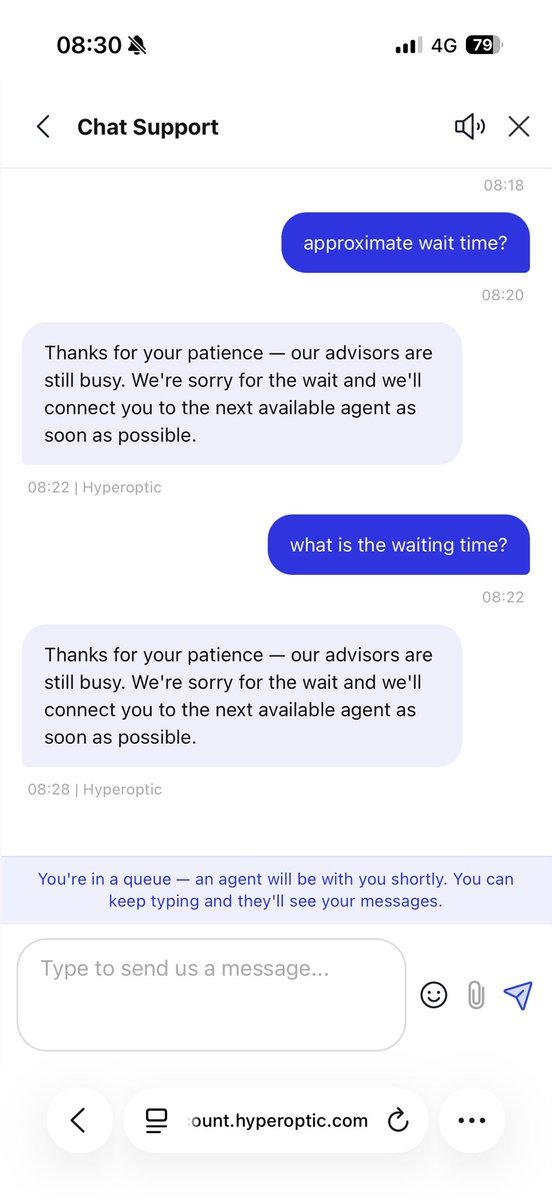 MoMayet3's tweet photo. @Hyperoptic internet down since 1am, your page says no problem with service. Can’t get through to customer service and chat service same problem, 30 mins so far waiting for chat agent https://t.co/Xljo0YTOUN