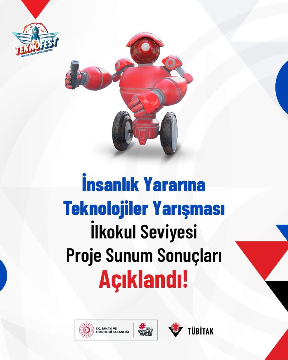 Tubitak's tweet photo. İnsanlık Yararına Teknolojiler Yarışması İlkokul Seviyesi Proje Sunum Sonuçları Açıklandı 📢

👧👦 Öğrencilerin bilim, teknoloji, mühendislik ve matematik (STEM) alanlarına olan ilgisini artırmayı, onlara yaratıcı düşünme ve problem çözme becerileri kazandırmayı ve edindikleri teorik bilgileri pratiğe dönüştürmelerine destek olmayı hedefleyen yarışmaya bu yıl;

🌲 Doğa, Çevre ve Sürdürülebilirlik
🪐 Astronomi, Uzay Bilimleri ve Havacılık
🥦 Sağlıklı Yaşam

olmak üzere üç farklı kategoriden toplam 1⃣1⃣4⃣.5⃣9⃣7⃣ takım başvurdu.

Finalist takımlar projelerini jüriye sunacak. Dereceye giren takımlar 30 Eylül-4 Ekim 2026 tarihleri arasında Şanlıurfa’da düzenlenecek TEKNOFEST 2026 kapsamında ödül törenine davet edilecek.

İnsanlık yararına yenilikçi teknolojiler üretmekten vazgeçmeyen çocuklarımızı tebrik ediyoruz.👏

📌 @teknofest 
📌 @bilimletoplum 

Detaylar: 👇
https://t.co/1TJJBLkljQ