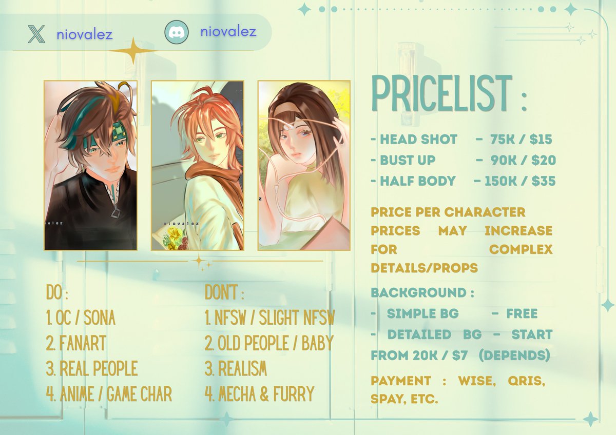 niovalez's tweet photo. OPEN COMMISSION! | for local &amp; international
[likes &amp; repost highly appreciated!]

hi, im opening commissions for local and international with limited slots, feel free to dm me if you're interested!

#zonauang #zonakaryaid #artidn https://t.co/4oD6JS8Pea