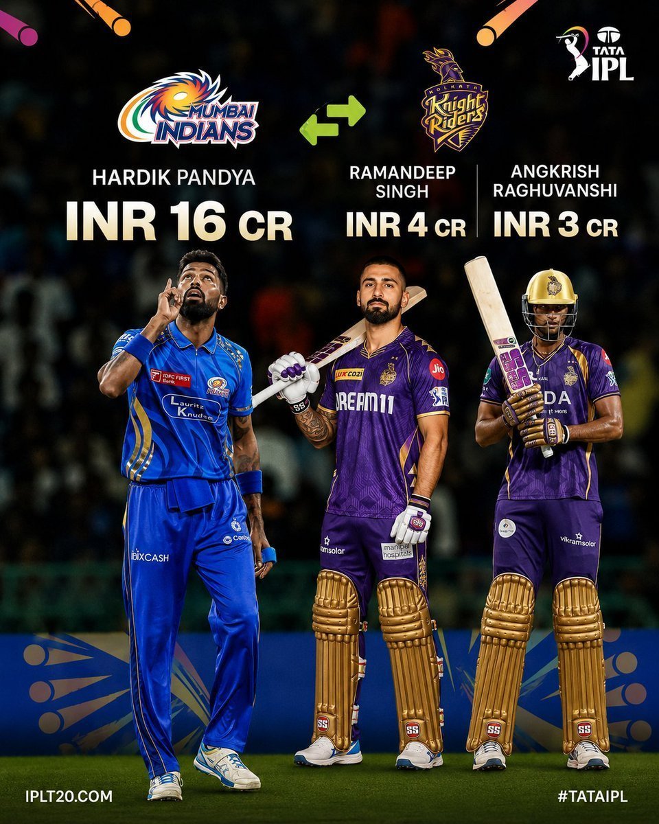 IndianCricketHQ's tweet photo. 🚨 THE BIGGEST IPL TRADE 🚨

- Hardik Pandya likely to KKR.

-  Angkrish Raghuvanshi &amp; Ramandeep Singh likely to MI. https://t.co/OZCN4qr364