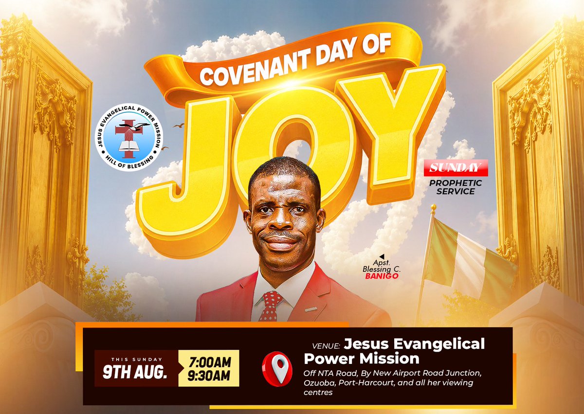 Jepmhob's tweet photo. Another prophetic Sunday to live us with gladness and rejoicing!
Our Covenant Day of Joy is here - beyond tomorrow, joy and gladness shall never cease!
M

#sunday
#SundayService
#ApostleBanigo 🗣️
#ApostleBanigoEvangelisticMovement 🗣️
#JesusEvangelicalPowerMission 
#TheJepmite✊ https://t.co/JE6uGrFFUN