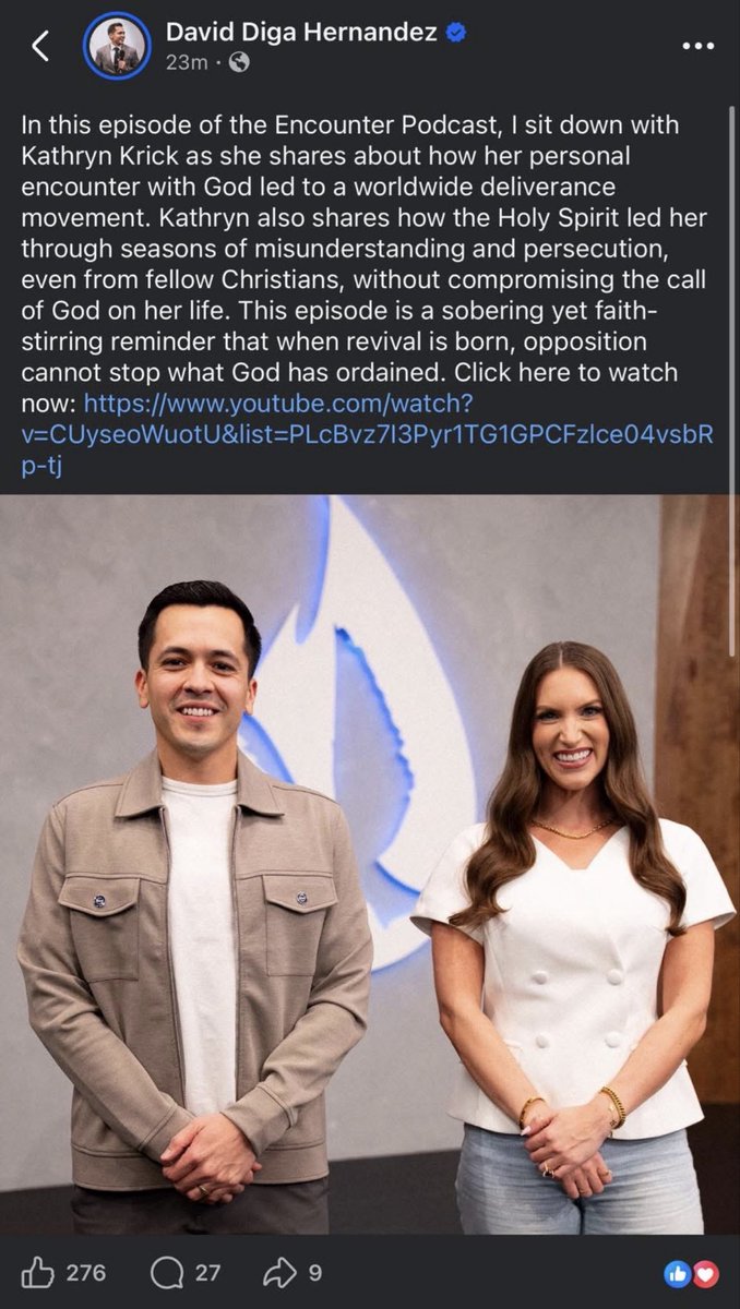MikeWingerii's tweet photo. Charismatic leaders who helped Kathryn Krick grow her cult. 

1. Kris Vallotton
2. Allan DiDio
3. David Diga Hernandez
4. Daystar Network
5. John Ramirez
6. Isaiah Saldivar

Kris Vallotton did delete the podcast he did with Krick earlier this year. But no public warning/caution was given. Since Kris has had a well-documented track record of distancing himself from harmful leaders and NOT warning people, I take this as more of the same. 

Isaiah Saldivar recently (he said this was merely due to people in chat hounding him) spoke about how he helped Krick grow her church and her YouTube channel. He said he wasn’t warning about her. But he admitted Krick’s “daddy” (spiritual father) is a warlock and sexual abuser. :/

The point here is that you can’t trust these guys to give you discernment or protect you. Please tread carefully.