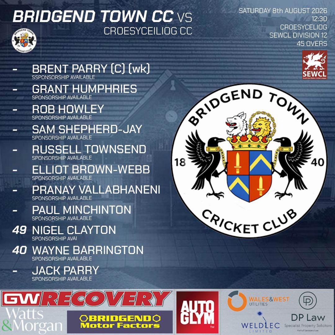 BridgendTownCC's tweet photo. TEAM NEWS ๐
๐ 1XI Away at @AmmanfordCC
๐ 2XI Home V @NewportCC1 3XI
๐ 3XI Home V @AbertilleryTCC 1XI
๐ 4XI Away at @Croesycc 3XI
๐ 5XI Away at @lisvanecc 5XI
Bar is open from 12:30pm ๐ปโ๏ธ
Good luck to all involved ๐
#uppatown
#shoesoff https://t.co/alFZJ1daWc