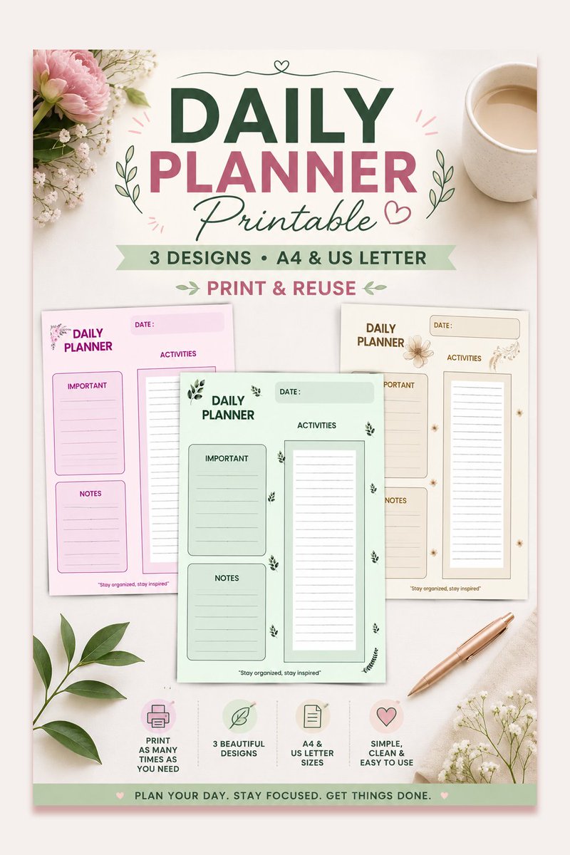 MishalDsouza2's tweet photo. Make your day easier with a beautiful Daily Planner Printable!
3 floral designs • A4 & US Letter • Plan, organize & reuse
Perfect for work, study & everyday planning.
https://t.co/fpYeT48ZB0
#PrintablePlanner #DailyPlanner #PlannerCommunity #DigitalDownloads #Productivity https://t.co/JkfK6WRZzB