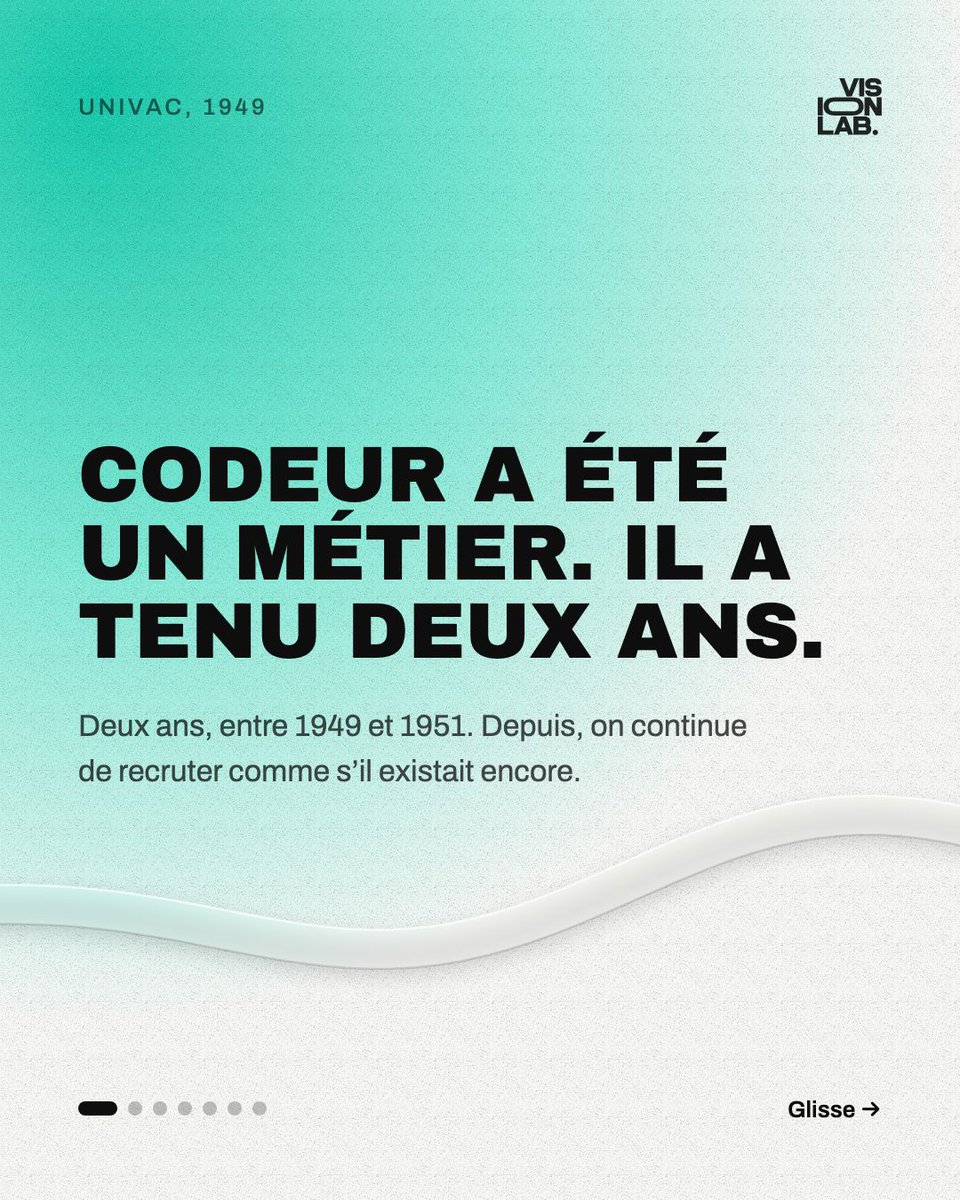visionlabweb's tweet photo. Codeur a été un métier distinct de programmeur. UNIVAC sépare les deux en 1949 et abandonne la distinction à la livraison de la machine, en 1951. Deux ans.

L’IA ne te retire pas ton métier. Elle te retire un poste mort en 1951. https://t.co/hMU021bFTN