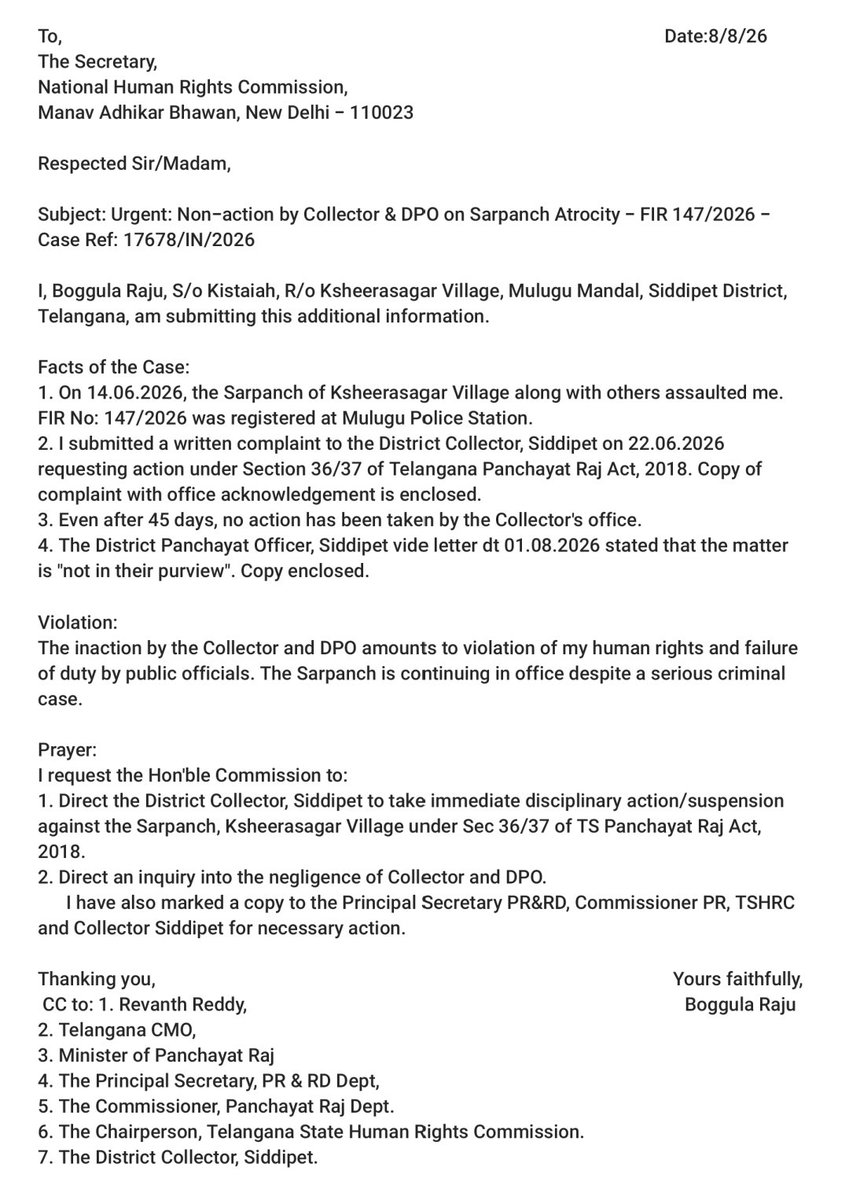 _Rajanna7's tweet photo. Assaulted me and my mother 
I am Boggula Raju, S/o Kistaiah from Ksheerasagar Village, Mulugu Mandal, Siddipet Dist, Telangana. 

On 14.06.2026, the Sarpanch of Ksheerasagar Village along with others assaulted me and my mother. 
FIR No: 147/2026 registered at Mulugu PS. https://t.co/lG8n5mzvzS