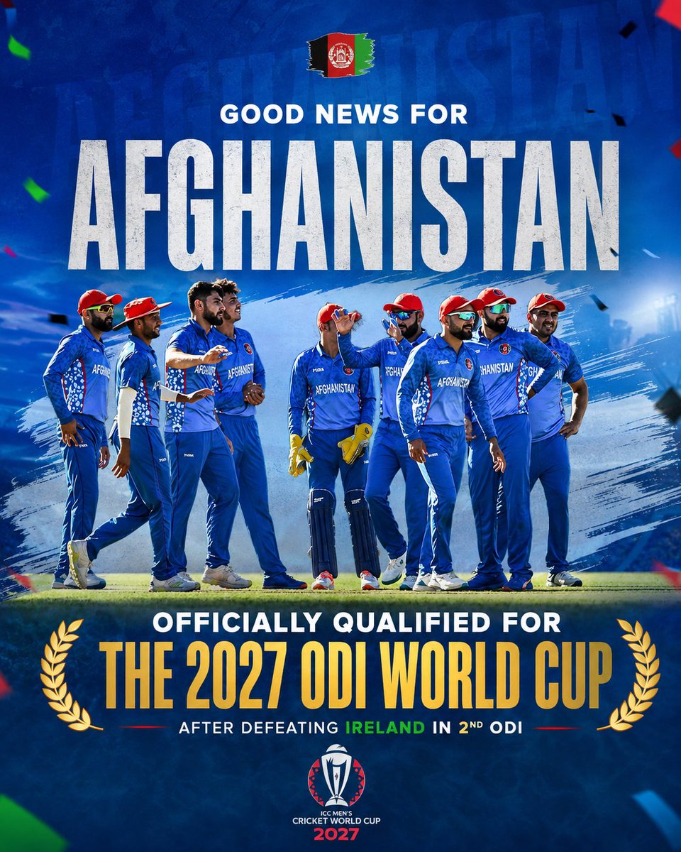 Possible11team's tweet photo. 🚨 AFGHANISTAN HAVE QUALIFIED FOR THE 2027 WORLD CUP 🚨
Direct Qualified teams for ODI World Cup 2027:
Pakistan, India, South Africa, Australia, New Zealand, Afghanistan, England, Zimbabwe, Bangladesh & Sri Lanka.
#AfghanistanCricket #ICCODIWorldCup #cricket #AFGvsIRE #Possible11