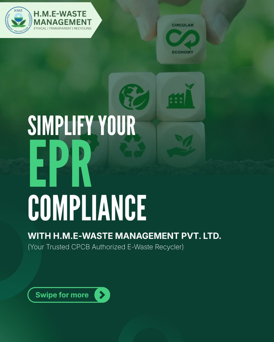 hmegreen's tweet photo. ♻️ EPR compliance made simple! H.M.E-Waste Management helps Producers, Importers &amp; Brand Owners achieve end-to-end EPR compliance through responsible recycling, resource recovery &amp; sustainable waste management. Partner with us today! #EPR #EWaste #CircularEconomy #Sustainability https://t.co/QDSuxPb4nt