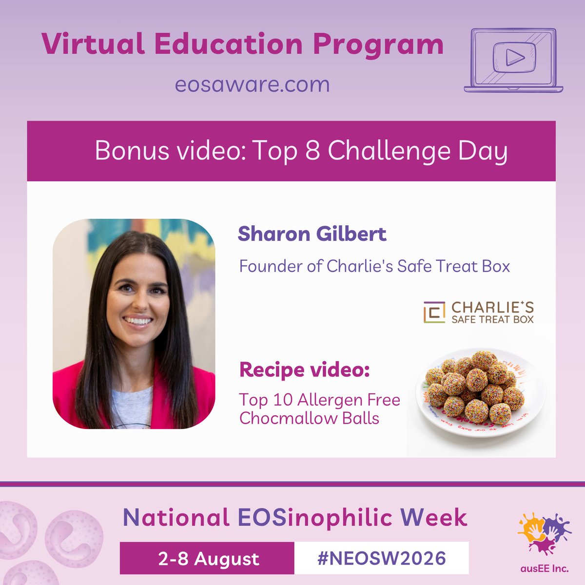 ausEEorg's tweet photo. 🎥 We're excited to share a bonus video in the NEOSW Virtual Education Program for #Top8Challenge Day!
In this video, Sharon Gilbert from Charlie's Safe Treat Box demonstrates how to make allergy-friendly Chocmallow Balls.
📺 Get the recipe: https://t.co/URGa9oNFFN
#NEOSW2026 https://t.co/XCOw5mWjVD