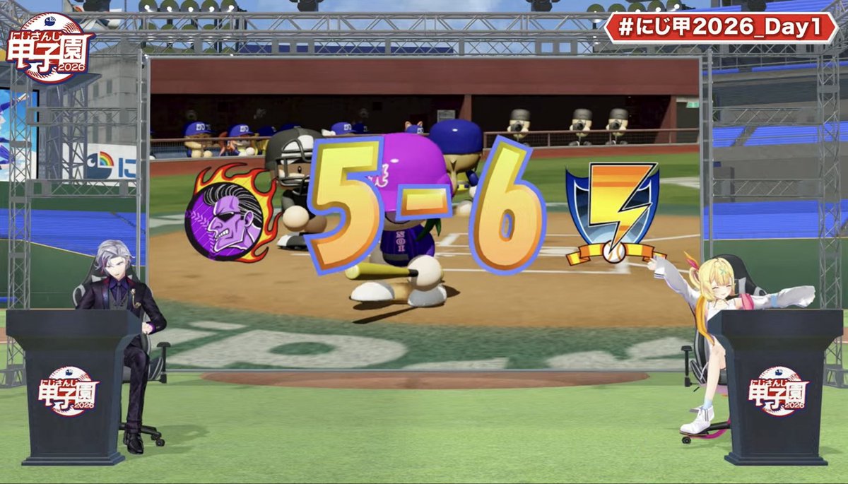 Niji_koshien's tweet photo. 【試合終了:1回戦第2試合】

流星MW 6 - 5 ギラギラホスト

流星MW、大熱戦を制して初戦を勝利！
エース樋口が9回途中5失点の力投

セラがHRを含む３安打、叶、鈴木、語部が2安打を放ち、複数の盗塁も決め持ち味を披露した

ギラホスはビハインド展開から驚異の追撃
家長が3安打。最後はましろの打球があと数センチ伸びていれば同点という粘りを見せたが、最後はMW赤羽が渾身の投球で抑え切った

#にじ甲2026_Day1