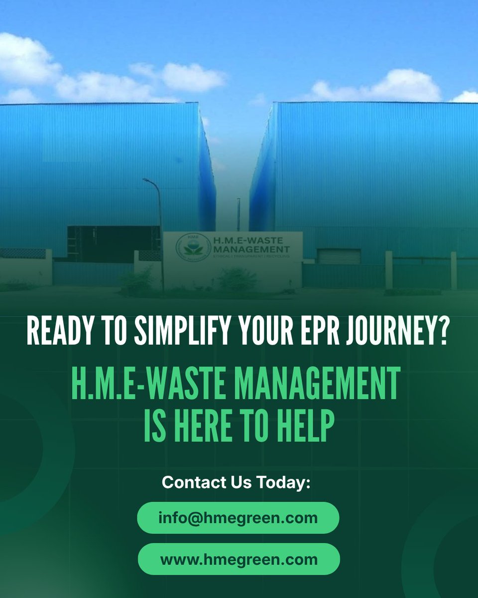 hmegreen's tweet photo. ♻️ EPR compliance made simple! H.M.E-Waste Management helps Producers, Importers &amp; Brand Owners achieve end-to-end EPR compliance through responsible recycling, resource recovery &amp; sustainable waste management. Partner with us today! #EPR #EWaste #CircularEconomy #Sustainability https://t.co/QDSuxPb4nt