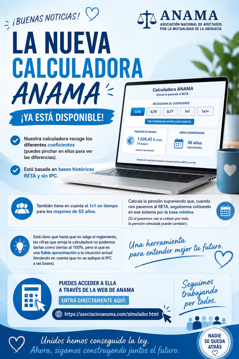 asociacionANAMA's tweet photo. 🩵 ¡Ya está disponible la nueva Calculadora ANAMA!

https://t.co/QO1pSLcvV9

#ANAMA #PasarelaAlRETA #Mutualistas #Jubilación #CalculadoraANAMA #SeguimosTrabajando https://t.co/96lGs6HuFW