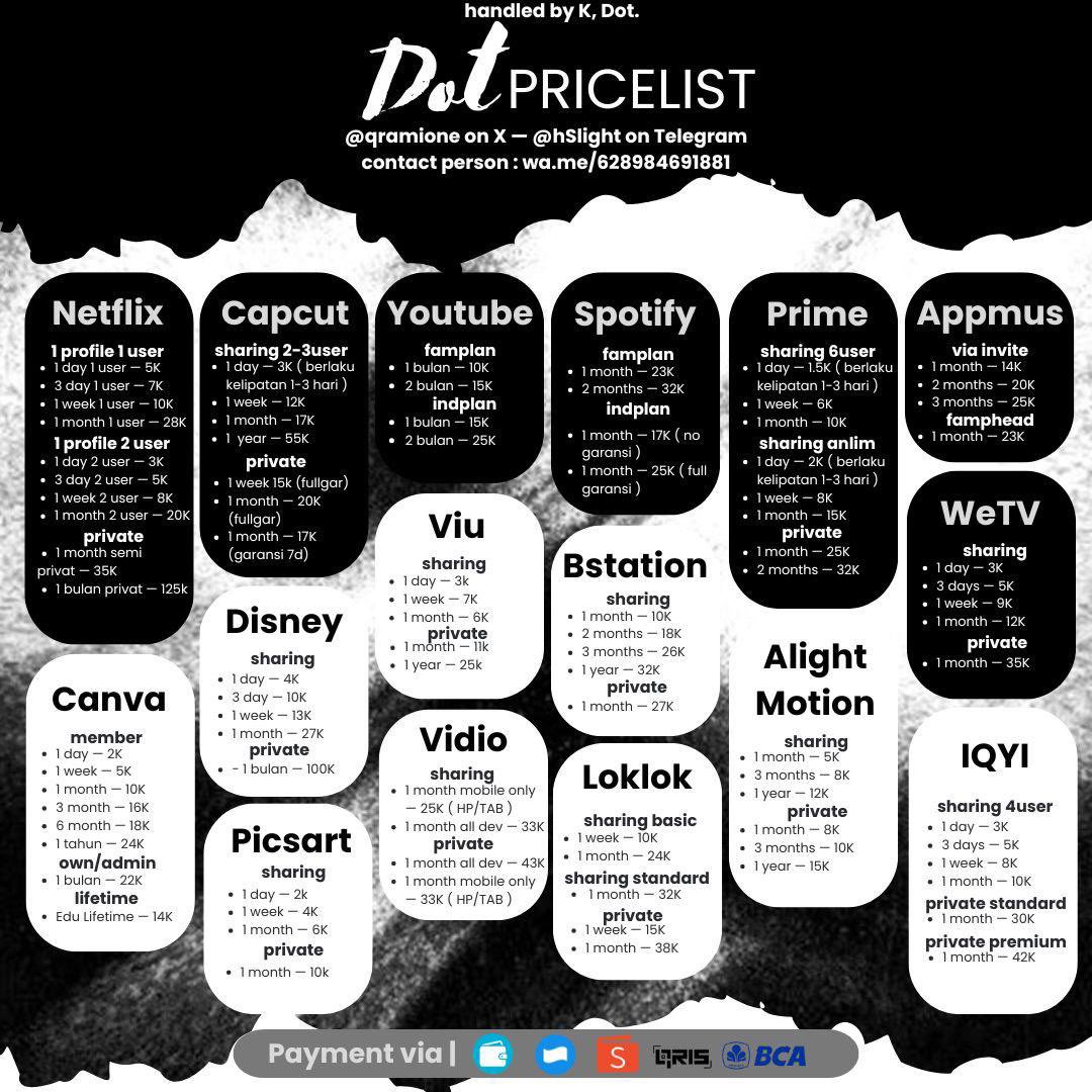qramione's tweet photo. wts wtb aplikasi premium
all price ada di pic, untuk apk prem yang ga ada tertera, bisa ditanyakan ya..
cp: https://t.co/pvx22SvlN0
tele: https://t.co/xRyCWSvfQO
order by DM juga bisa yaa
#zonauang #zonajajan https://t.co/oFvzUErxbI