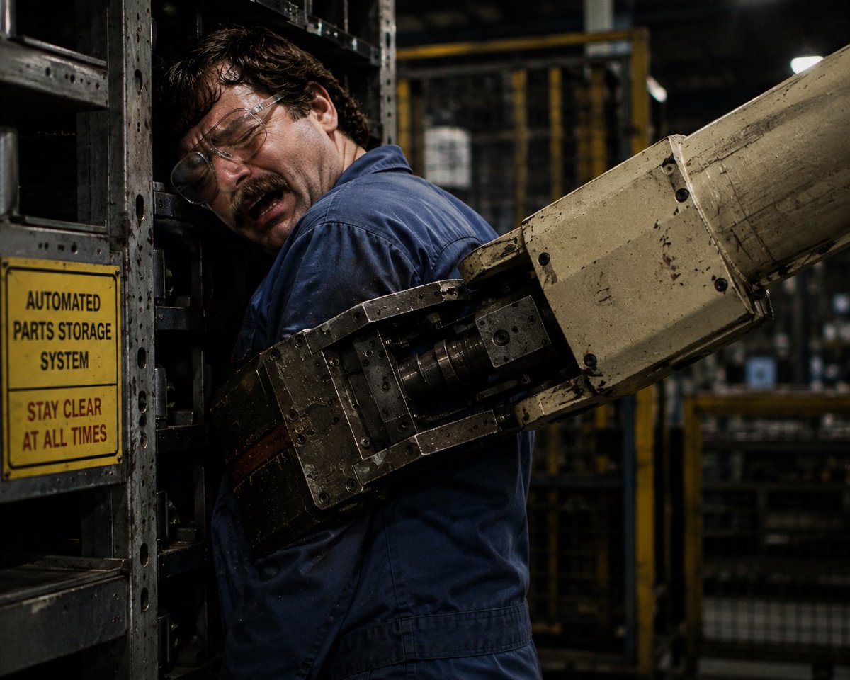 caveofvictory's tweet photo. The first person ever killed by a robot died in 1979.
His name was Robert Williams.
He worked at a Ford plant in Flat Rock, Michigan. One day he was sent to retrieve parts from an automated storage area.

A large industrial robot was moving heavy materials nearby. Without warning, the machine swung around and struck him from behind.
Williams was crushed between the robot and other equipment. He died at the plant.

The robot wasn’t programmed to attack anyone. It was simply following its instructions.

But in 1979, industrial robots had almost no safety systems. One wrong movement was enough to make automation deadly.