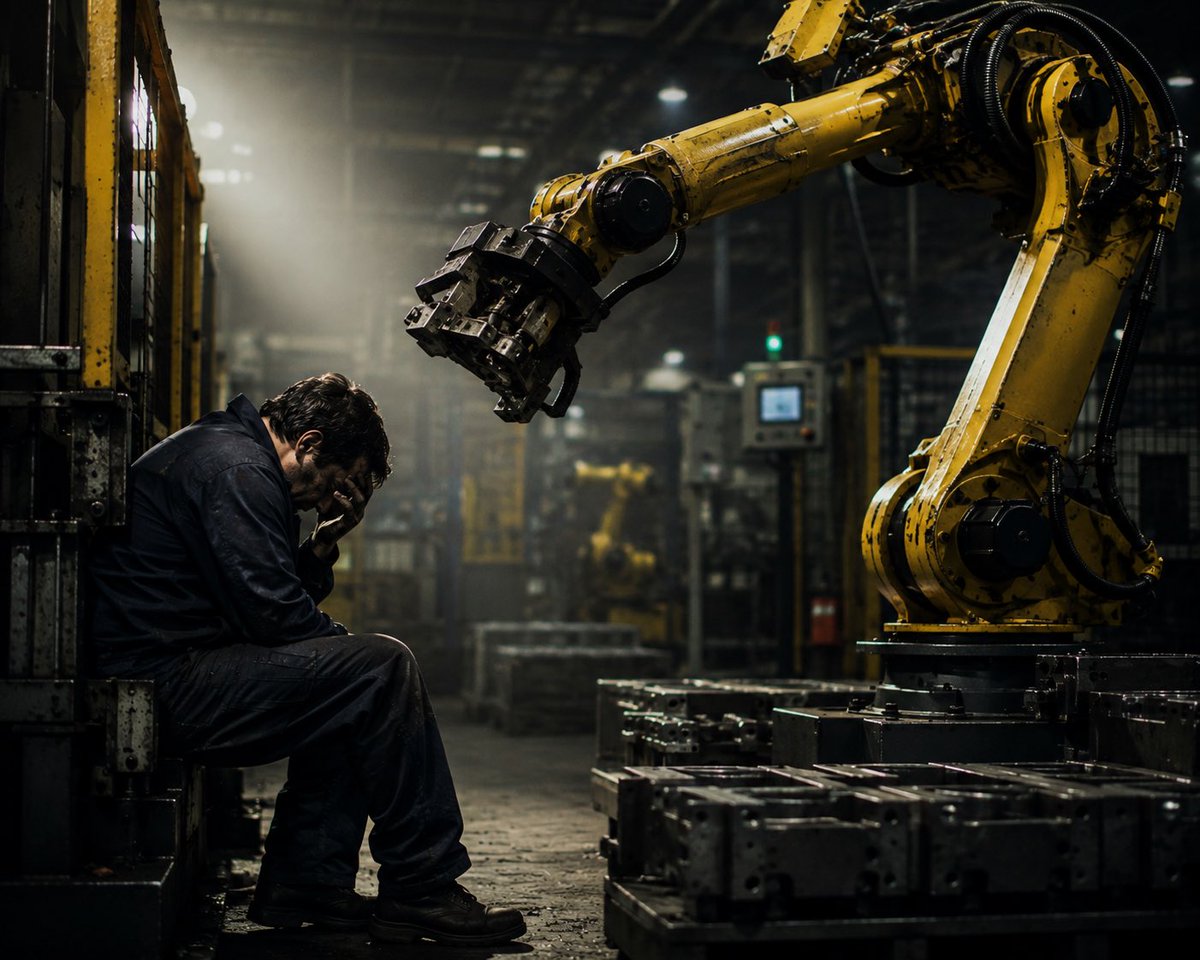 caveofvictory's tweet photo. The first person ever killed by a robot died in 1979.
His name was Robert Williams.
He worked at a Ford plant in Flat Rock, Michigan. One day he was sent to retrieve parts from an automated storage area.

A large industrial robot was moving heavy materials nearby. Without warning, the machine swung around and struck him from behind.
Williams was crushed between the robot and other equipment. He died at the plant.

The robot wasn’t programmed to attack anyone. It was simply following its instructions.

But in 1979, industrial robots had almost no safety systems. One wrong movement was enough to make automation deadly.