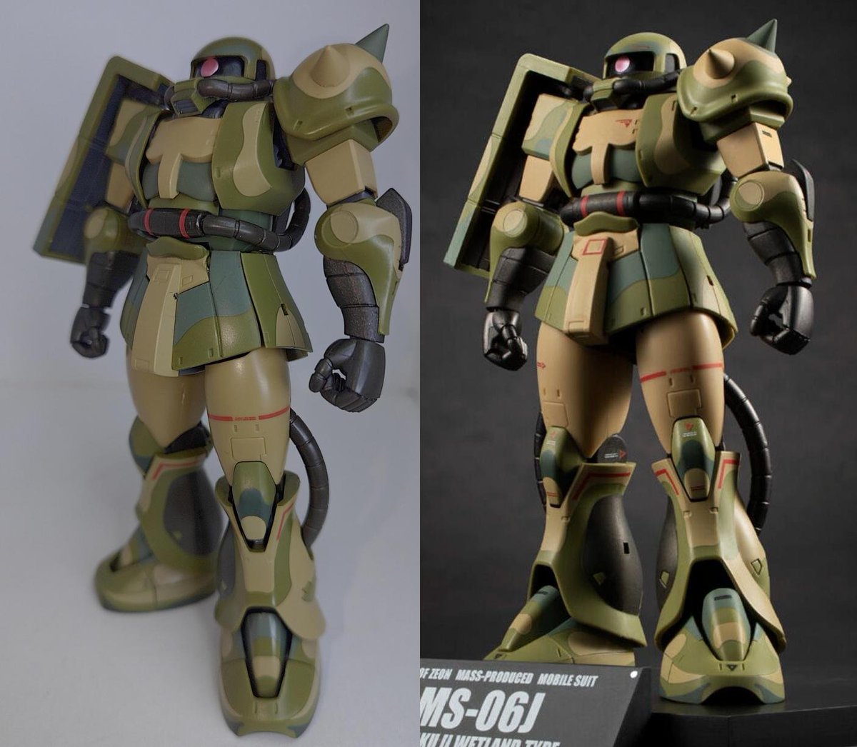gmball1969's tweet photo. 湿地帯戦用ザクの初版とMS MUSEUM版の比較
元々マーキングがある仕様なのでMUSEUM版は若干増えた感じです
ザクデザートタイプとザクキャノンの比較画像をみると、マーキング追加の他に色合いもMUSEUM版は深みが強くなってます
湿地帯戦用ザクもマット仕様になったりするのかもしれない https://t.co/vaUd9Czqvg