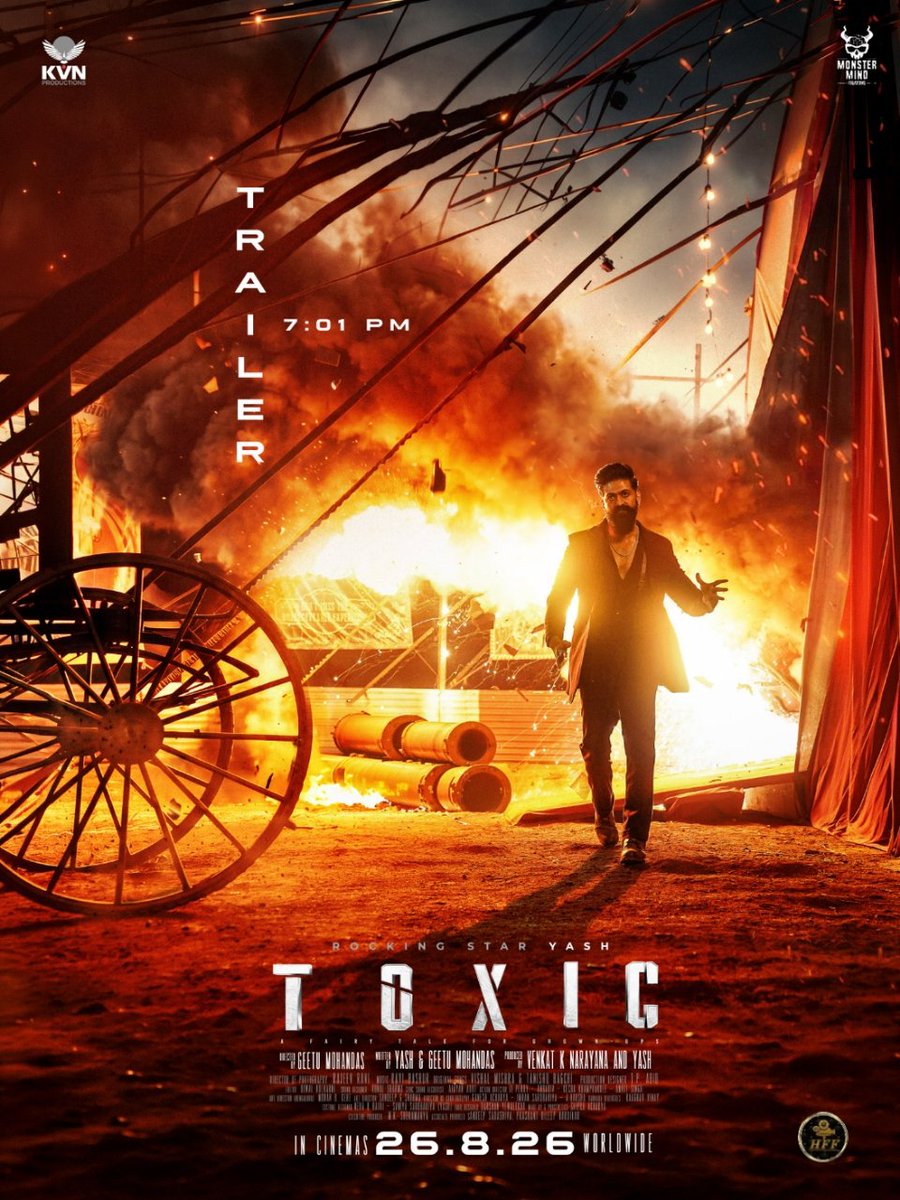 HFF_Productiona's tweet photo. DETONATING.
7:01 PM | TODAY

#ToxicTrailer
@KvnProductions @TheNameIsYash @RaviBasrur @IMAX_JAPAN 
@yonithhRaaj #HFF #YRD https://t.co/k3IfOMM5bT