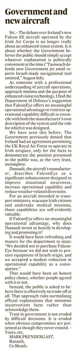 ConorHogarty's tweet photo. Government and new aircraft. 

Excellent letter in todays @IrishTimes by Mark Prendergast on the decision made not to fit Falcon Eye to the Falcon 6X aircraft. https://t.co/0zEQbuoB5B