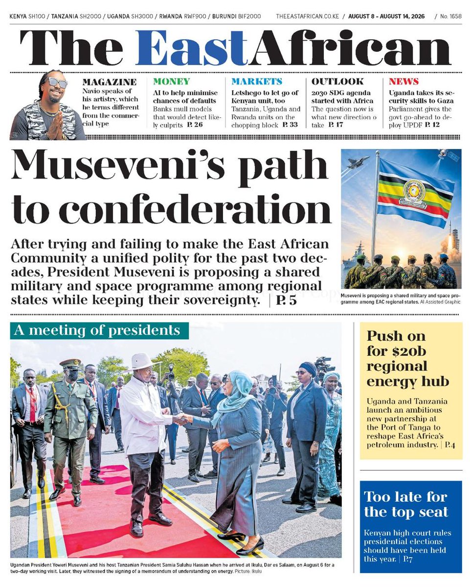 The_EastAfrican's tweet photo. How far can East Africa deepen integration while member states retain their sovereignty?

This week,  #The EastAfrican examines President Yoweri Museveni’s proposal for shared regional military and space programmes. Also inside: Uganda and Tanzania’s $20 billion energy-hub ambition and other major stories shaping the region.

Get your copy from the nearest vendor or read the ePaper: https://t.co/L0QILX49N2
@NationAfrica @ntvkenya @BD_Africa 

#TheEastAfrican