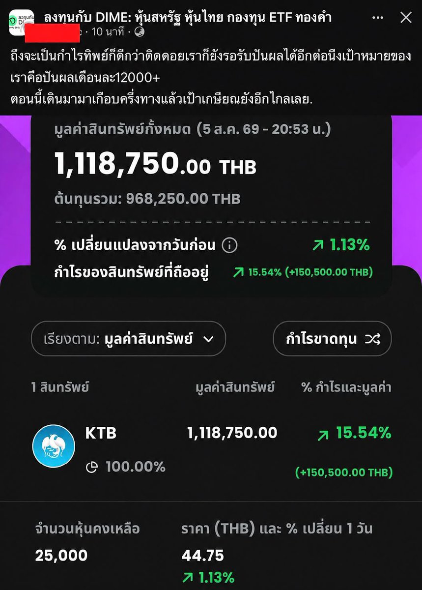 prayutnahee55's tweet photo. มีใครที่เน้น สะสมหุ้นไทยตัวเดียวเพื่อรอรับปันผล แบบเจ้าของโพสนี้บ้างครับ เท่าที่ผมดูจากพอร์ต แกถือ KTB 100% ทั้งหมด 25,000 หุ้น ต้นทุนรวมประมาณ 9.6 แสน ตอนนี้มูลค่าทะลุ 1,118,750 บาท กำไรบวกมา 15.54% แถมตั้งเป้าหมายชัดเจนว่าอยากได้ปันผล เดือนละ 12,000 บาท เพื่อการเกษียณ

หลายคนอาจมองว่าการลงกระจุกตัวในหุ้นไทยตัวเดียว 100% มีความเสี่ยงเรื่อง Asset Allocation แต่ถ้ามองในมุมของ การสะสมหุ้นกินปันผล ของธุรกิจที่เราเข้าใจ มีกระแสเงินสดดี และเป็นหุ้นใหญ่ระดับประเทศ การโฟกัสทีละตัวจนได้พอร์ตขนาดนี้ก็ถือว่ามาได้ไกลและมีวินัยสุดๆเลยครับ

อยากถามเพื่อนๆ สายปันผล มีใครเลือกเดินสายโฟกัสหุ้นไทยตัวเดียวแบบนี้บ้างไหมครับ หรือส่วนใหญ่ชอบกระจายไปหลายๆ ตัว หลายๆ กลุ่มอุตสาหกรรมมากกว่า