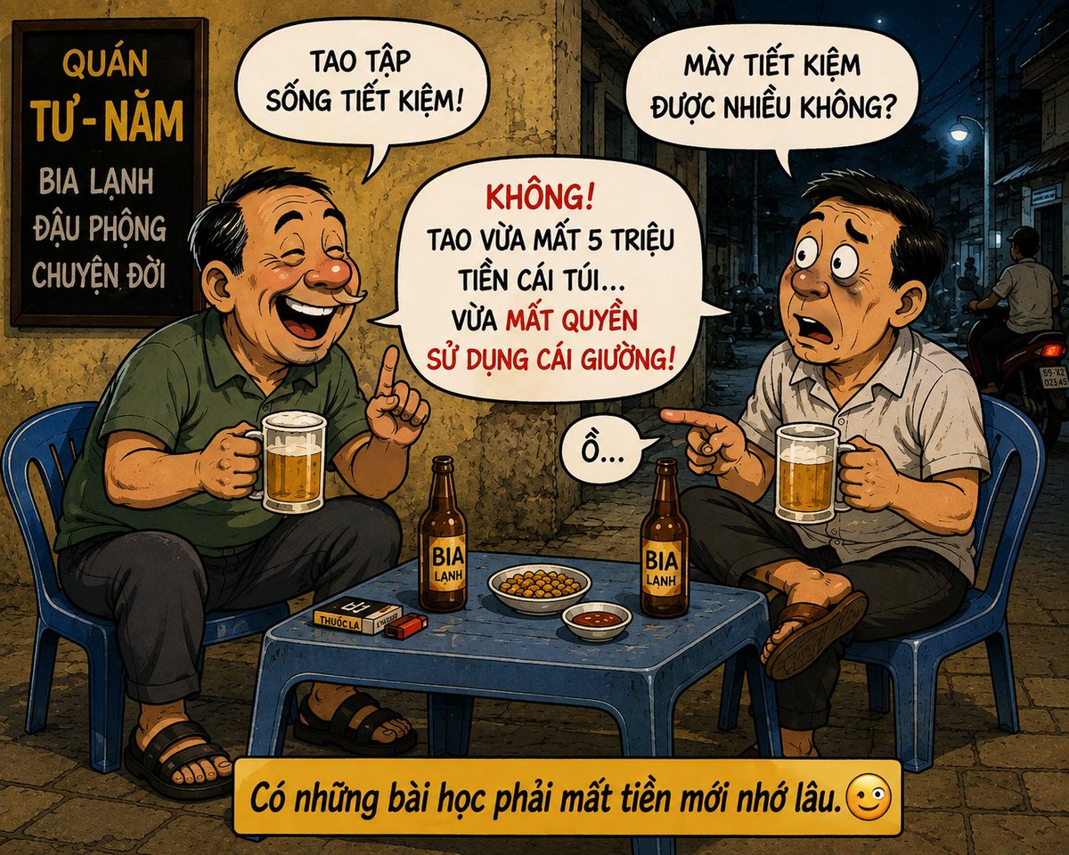 Typcrypto's tweet photo. ÔNG CHỒNG TIẾT KIỆM

Hai ông bạn ngồi uống bia.

Ông Tư than:

— Tao đang tập sống tiết kiệm.

Ông Năm hỏi:

— Tiết kiệm kiểu gì?

— Trước đây vợ tao mua gì tao cũng không hỏi. Giờ tao hỏi hết.

— Thế tiết kiệm được nhiều không?

— Nhiều chứ. Hôm qua vợ tao mua cái túi 5 triệu, tao hỏi: "Mua làm gì?"

Ông Năm tròn mắt:

— Rồi sao?

— Vợ tao trả lời: "Để đựng đồ."

— Thế mày nói gì?

— Tao bảo: "Nhà có cái túi nylon rồi, đựng đồ cũng được."

Ông Năm vỗ vai:

— Khá! Thế rồi sao?

Ông Tư thở dài:

— Tối qua tao ngủ ngoài phòng khách.

Ông Năm gật gù:

— Vậy là mày tiết kiệm được 5 triệu?

Ông Tư lắc đầu:

— Không. Tao vừa mất 5 triệu tiền cái túi... vừa mất quyền sử dụng cái giường.

Hai ông im lặng.

Ông Năm nâng ly:

— Thôi uống đi.

— Sao?

 “Có những bài học phải mất tiền mới nhớ lâu.” . 🍺😂

#kechuyencuoi #chuyentieulam #chuyenvui