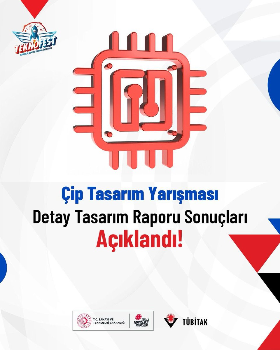 Tubitak's tweet photo. Çip Tasarım Yarışması Detay Tasarım Raporu Sonuçları Açıklandı 💻 

🖥️ Öğrencilerin mikro elektronik teknolojilere olan ilgilerini artırmak ve bu alandaki potansiyellerini geliştirmek amacıyla düzenlenen yarışmaya bu yıl;

📌 Analog Tasarım
📌 Mikrodenetleyici Tasarım

olmak üzere iki farklı kategoriden toplam 8⃣4⃣9⃣ takım başvurdu.

Finalist takımlar projelerini jüriye sunacak. Dereceye giren takımlar 30 Eylül-4 Ekim 2026 tarihleri arasında Şanlıurfa’da düzenlenecek TEKNOFEST 2026 kapsamında ödül törenine davet edilecek.

Başarıya giden yolda asla pes etmeyen gençlerimizi tebrik ediyoruz. 👏

📌 @teknofest 
📌 @bilimletoplum 
📌 @tubitakbilgem 
📌 @yongatek 

Detaylar: 👇
https://t.co/vZ4QlHsyvJ