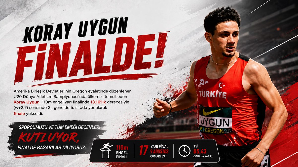 GSBAydin's tweet photo. Koray Uygun finalde!

Amerika Birleşik Devletleri’nin Oregon eyaletinde düzenlenen U20 Dünya Atletizm Şampiyonası’nda ülkemizi temsil eden Koray Uygun, 110m engel yarı finalinde 13.16’lık derecesiyle (w+2.7) serisinde 2., genelde 5. sırada yer alarak finale yükseldi.

Yarı final TSİ, 9 Ağustos Pazar sabaha karşı 05.43’te koşulacak.

Sporcumuzu ve tüm emeği geçenleri kutluyor, yarı finalde başarılar diliyoruz.
