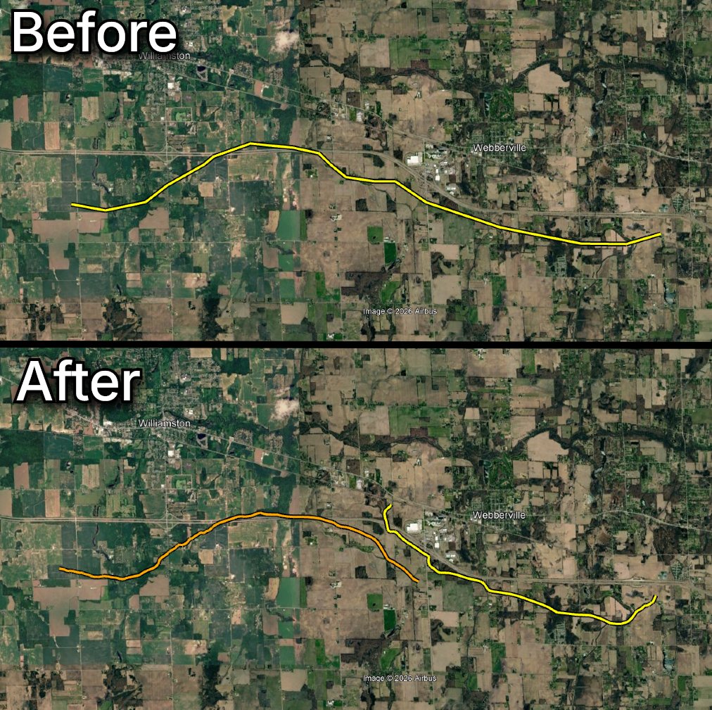NickKrasz_Wx's tweet photo. 🚨 NEW DISCOVERY 🚨

After careful analysis of Planet Labs satellite imagery, aerial imagery, and radar data, I have identified what appears to be a previously undocumented tornado within the August 24, 2023 Williamston – Webberville, Michigan EF2 tornado event.

Officially, this event was classified as a single EF2 tornado that traveled approximately 12 miles along I-96. However, analysis of multiple imagery sources suggests that the original tornado actually dissipated earlier, after turning south of I-96 and ending near Stockbridge Road.

A separate tornado then appears to have developed just north of I-96. This tornado initially moved southwest before crossing I-96, where a narrow area of crop damage can be seen distinct from the original tornado's path. Based on the resulting tree-damage patterns, the tornado then turned southeast and continued roughly along I-96 before making a distinct cusp, turning due south, and then back east. It continued for several more miles, producing consistent but relatively weak tree damage.

Based on this analysis, the official and reanalyzed data are as follows:

Official Data:

- Webberville, MI EF2 (125 mph) | 12.0 mi | 9:29-9:42 PM

Reanalyzed Data:

- Williamston, MI EF2 (125 mph) | 6.72 mi | 9:29-9:37 PM
- Webberville, MI EF1 (110 mph) | 5.62 mi | 9:35-9:42 PM

This would effectively split the currently documented 12-mile tornado into two separate tornadoes, with the second tornado previously being included as part of the original EF2 track.

One additional note: separate analysis of the tree damage associated with the Williamston tornado suggests it may be more supportive of a low-end EF3 rating rather than EF2. That's a topic for a future post, though.

As always, if you have questions, comments, or feedback on this reanalysis, feel free to reply!
